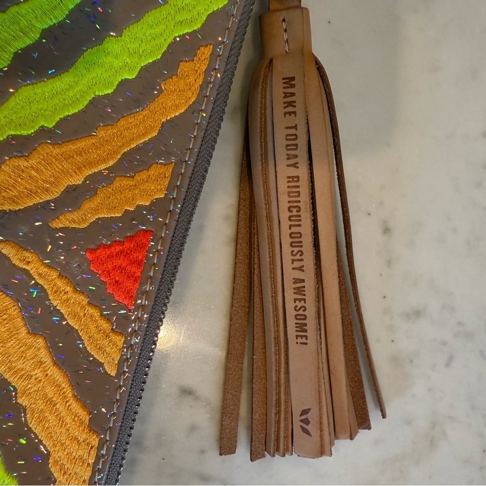 Consuela L-Shaped Clutch. Neon Zebra Embroidery - Picture 2 of 6